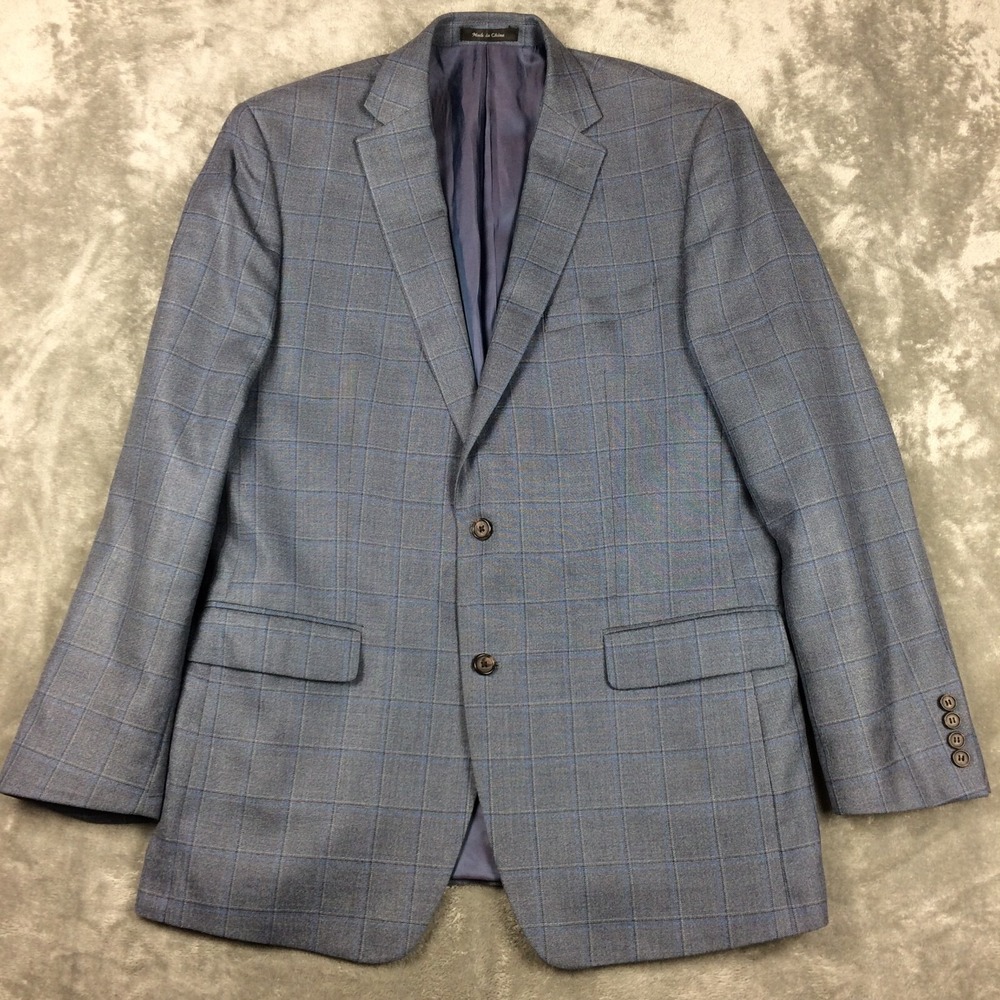Lauren Ralph Lauren Mens Sport Coat Silk Wool Grey Blue Windowpane Plaid 42L LRL